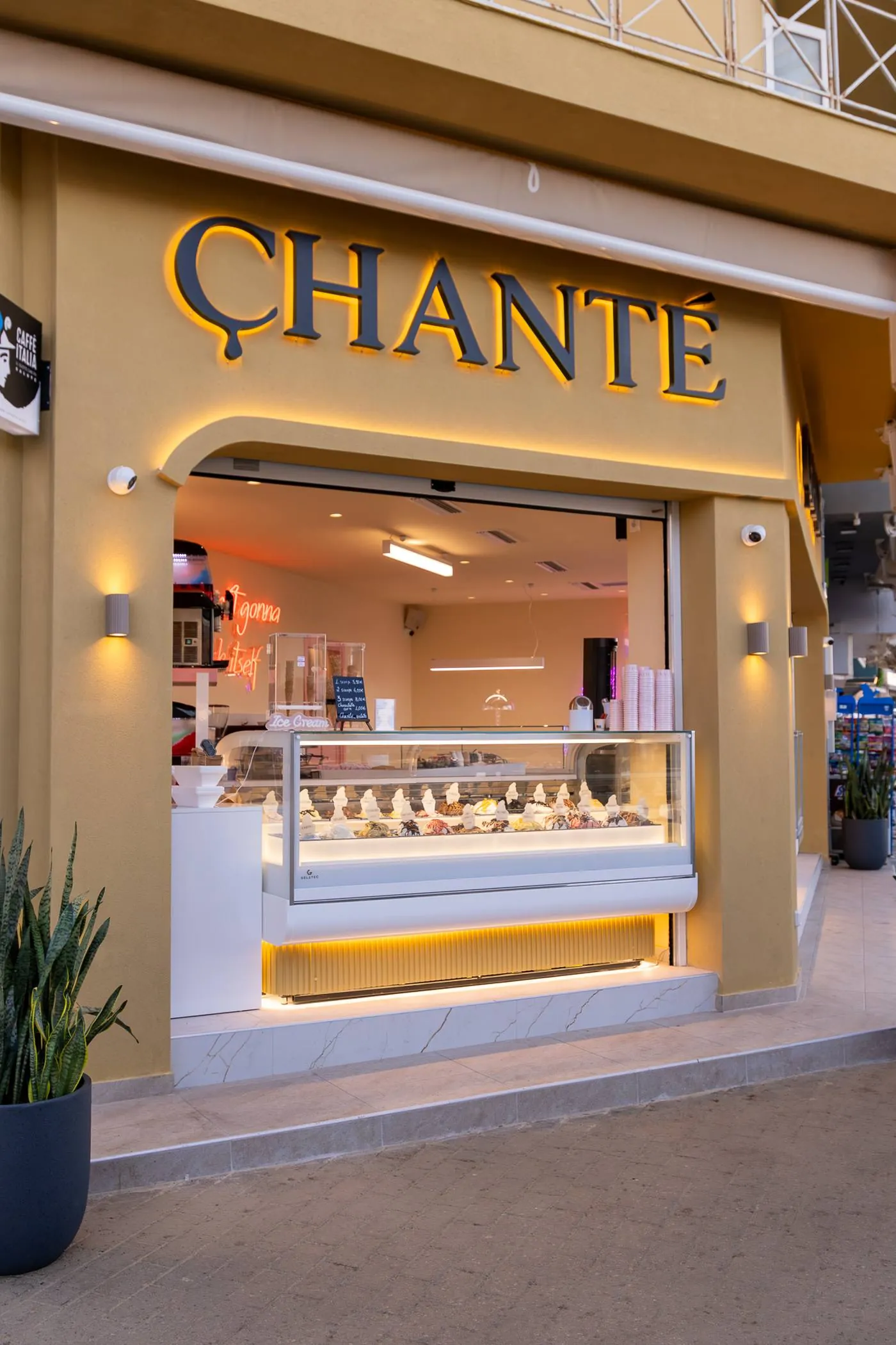 Chanté Gelato storefront at dusk in Hersonissos, Crete